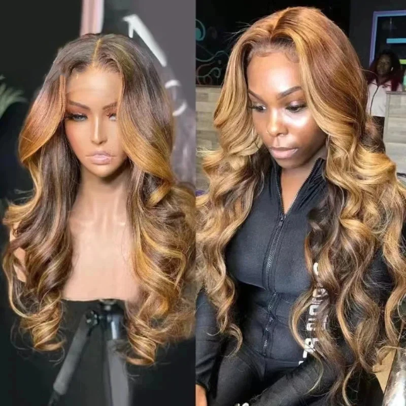 Perruque brésilienne pour femme, noire et jaune, ondulée, brillante, avec dentelle frontale transparente, en cheveux humains, modèle 2026