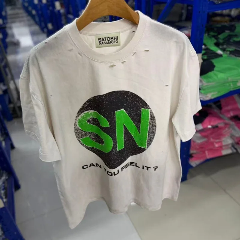 Retro Destroyed T Shirt Men White Satoshi Graphic Oversized Tee