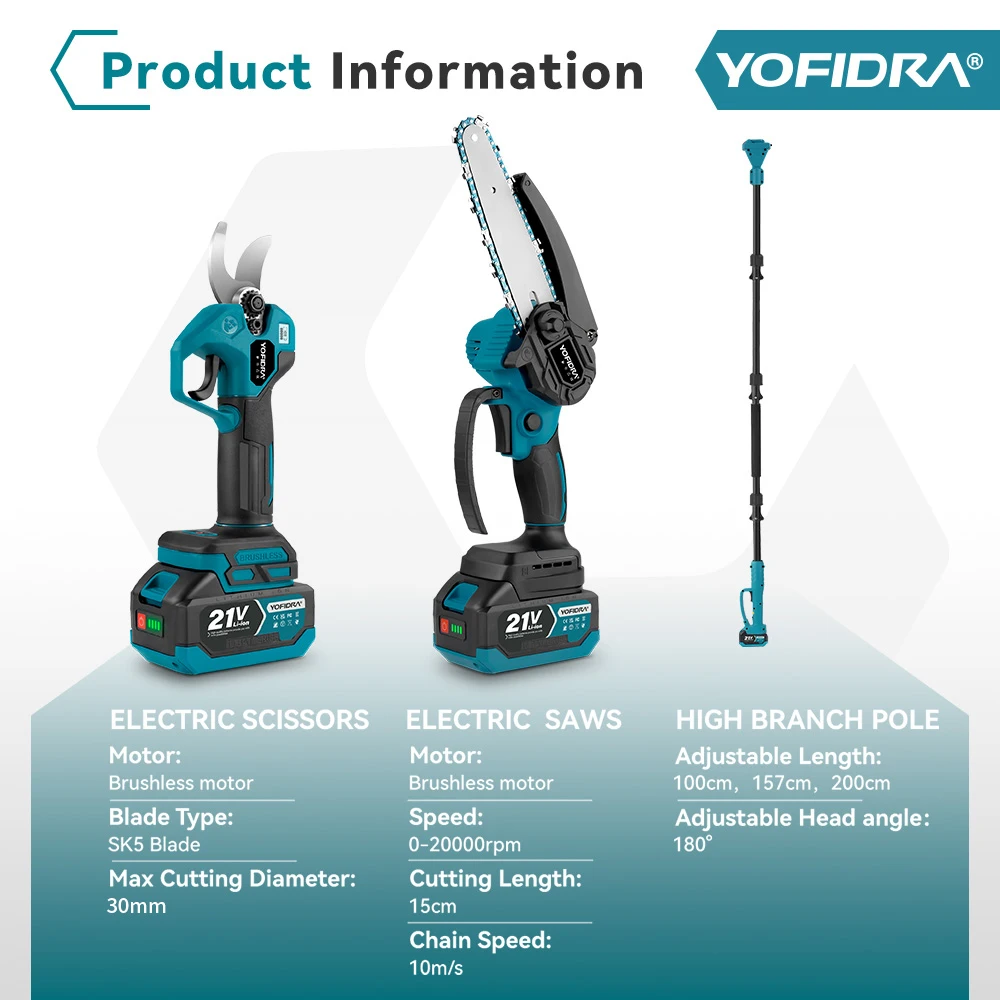 YOFIDRA 4-in-1 bürstenlose Teleskopstangensäge, 8-Zoll-Kettensäge, 32-mm-Gartenschere, Baum-Astschere für Makita-Akku – Detail 17