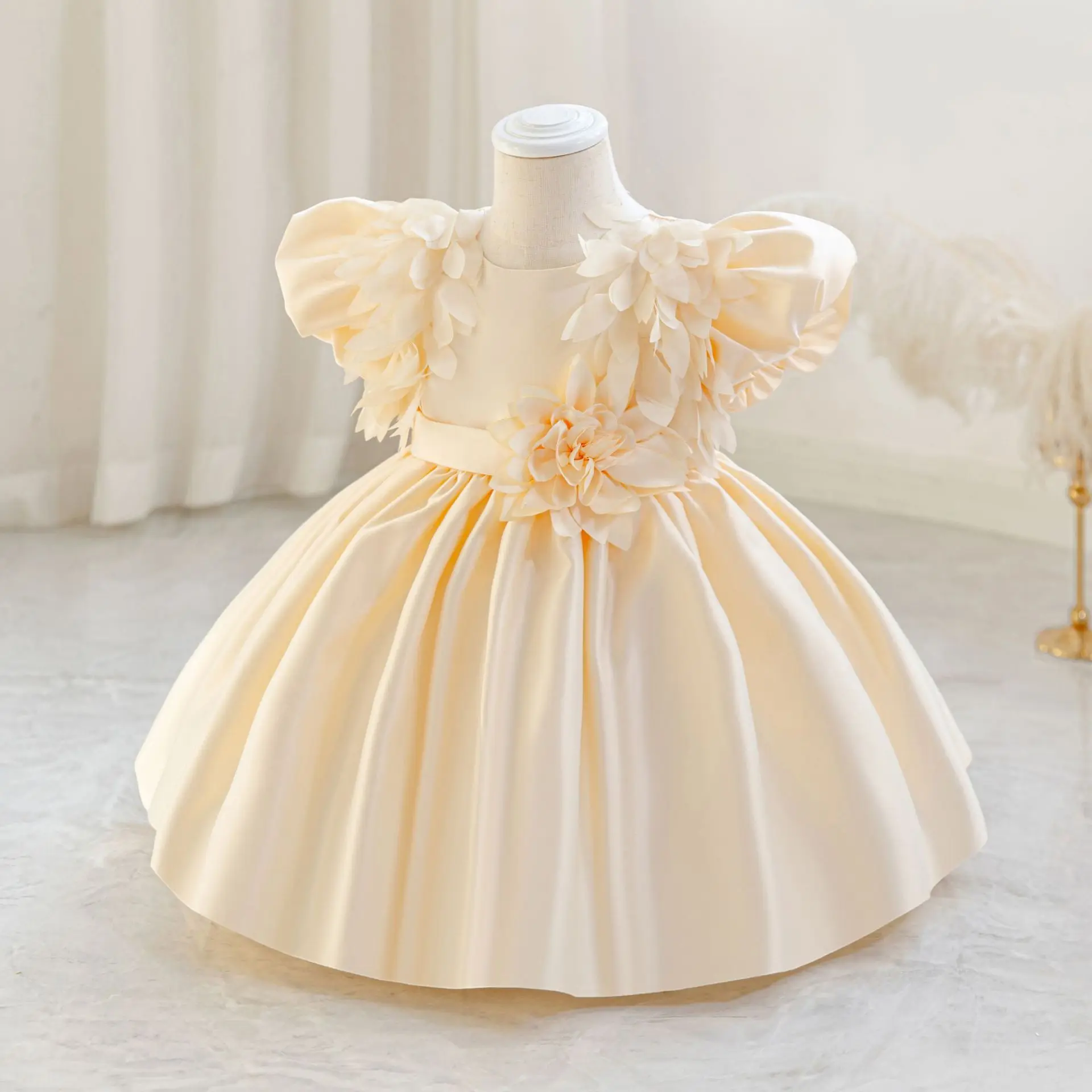 

HETISO Baby Party Dresses for Girls Leaf Appliques Kid's Princess Dress Casual Satin Young Child Clothes 1-4 Years