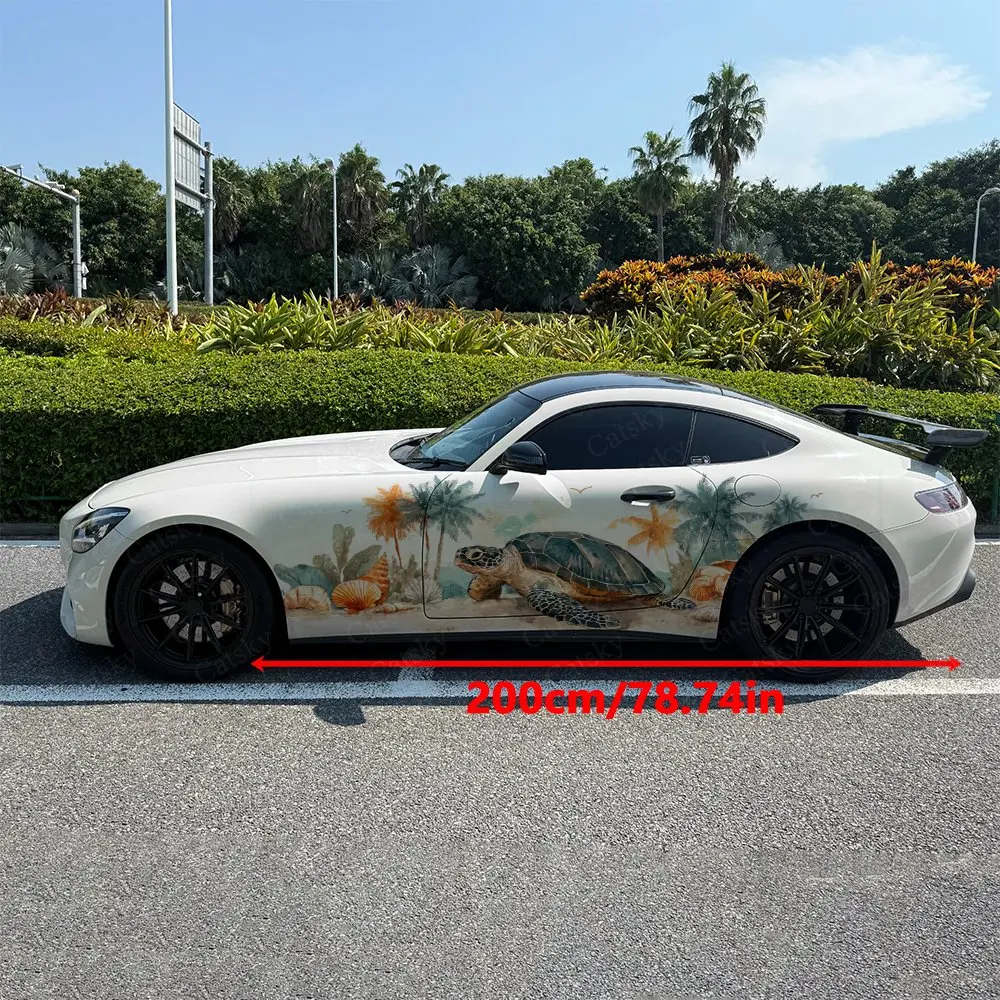 2pcs Blue-Orange Ocean Turtle Car Side Wraps, Self-Adhesive PVC Waterproof & Scratch-Resistant Stickers, Car Accessory Gift