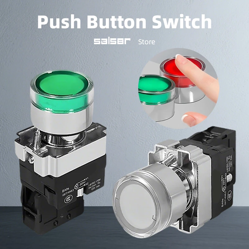 

Кнопочный переключатель XB2 Серебряный контактный светодиодный светильник с плоской головкой, металлический пресс, самоблокирующийся сброс, мгновенный запуск питания, остановка