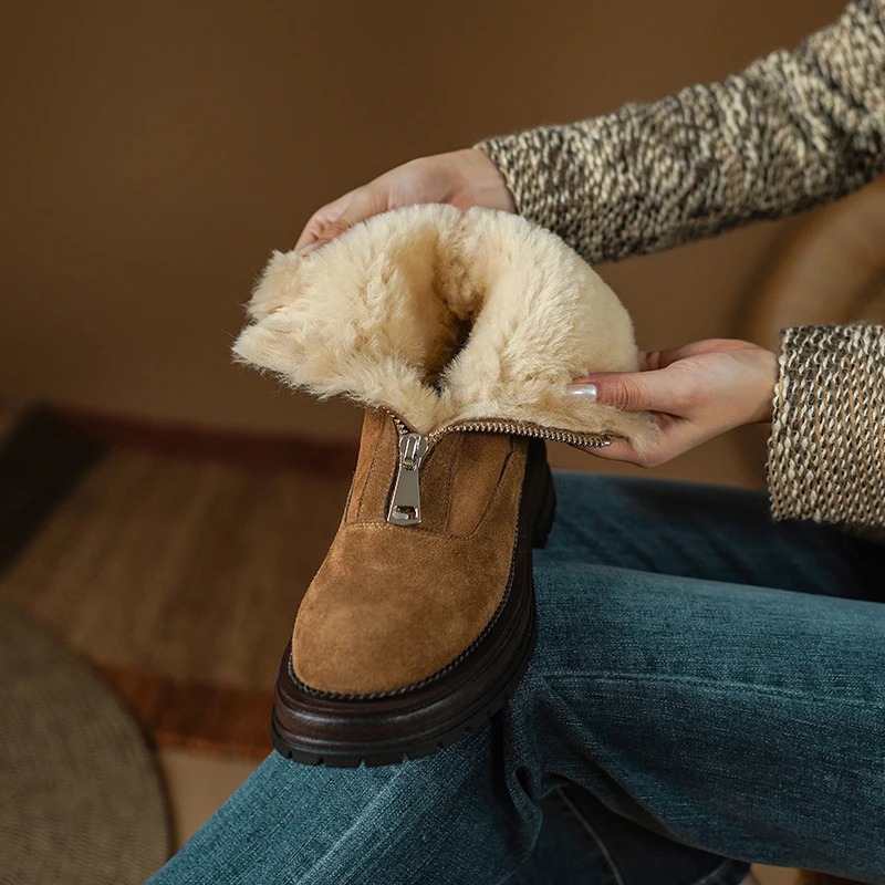 Women Platform Shoes Winter Snow Boots Warm Fur inner Front Zippers Female Warm Shoes Woman Cowsuede Warm Fur Inner Botas