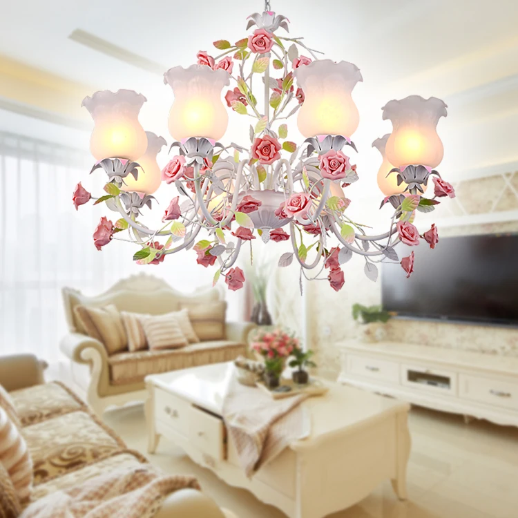Modern White Pink Rose European Chandelier Lighting Decorative Pendant Hanging Lamp Iron Crystal Chandelier Dining Room Lighting