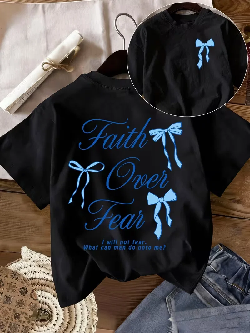 Faith Over Fear Print T-shirt Blue Bow & Quote Graphic Short Sleeve Tops Women Spring Summer Daily Casual Tee Women's T-shirt