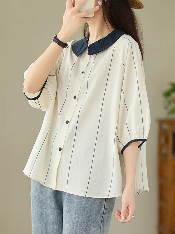 

Faionable Striped ort Sve Doll Collar irt Женский летний утягивающий топ больших размеров Color Blo College Sle Модный топ