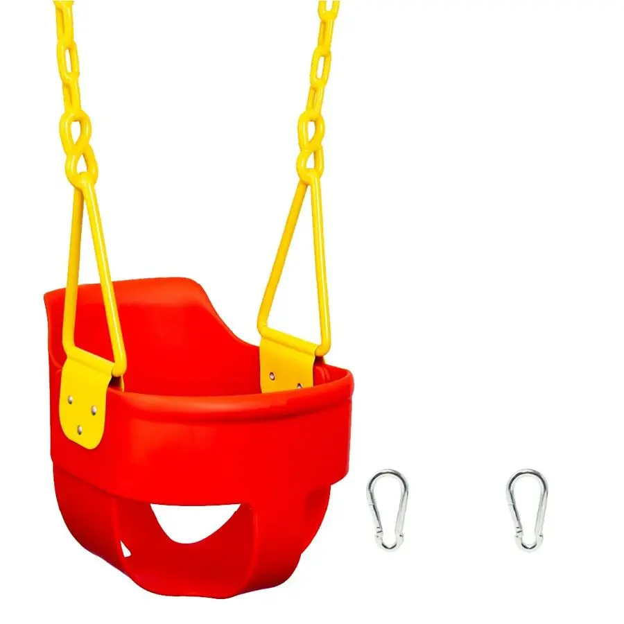 

High Back Full Bucket Toddler Swing Seat with Finger Grip, Plastic Coated Chains and Carabiners for Easy Install Red Squirrel P