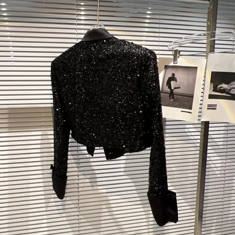 السترات النسائية ملابس امرأة صغيرة عالية الترتر معطف قصير الإناث الخريف مزاجه على الانترنت المشاهير دعوى طوق معطف لامع