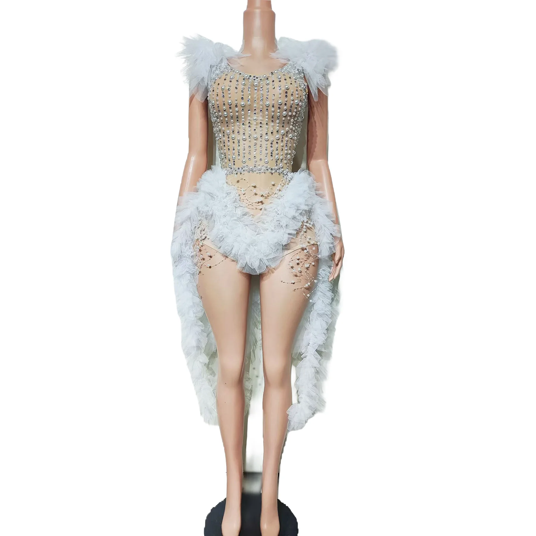 Luwei Body Mini de Malla Transparente sin Mangas con Pedrería Blanca, Volantes de Tul y Cola de Plumas de Organza Esponjosa en el Hombro, Traje de Baile Escénico