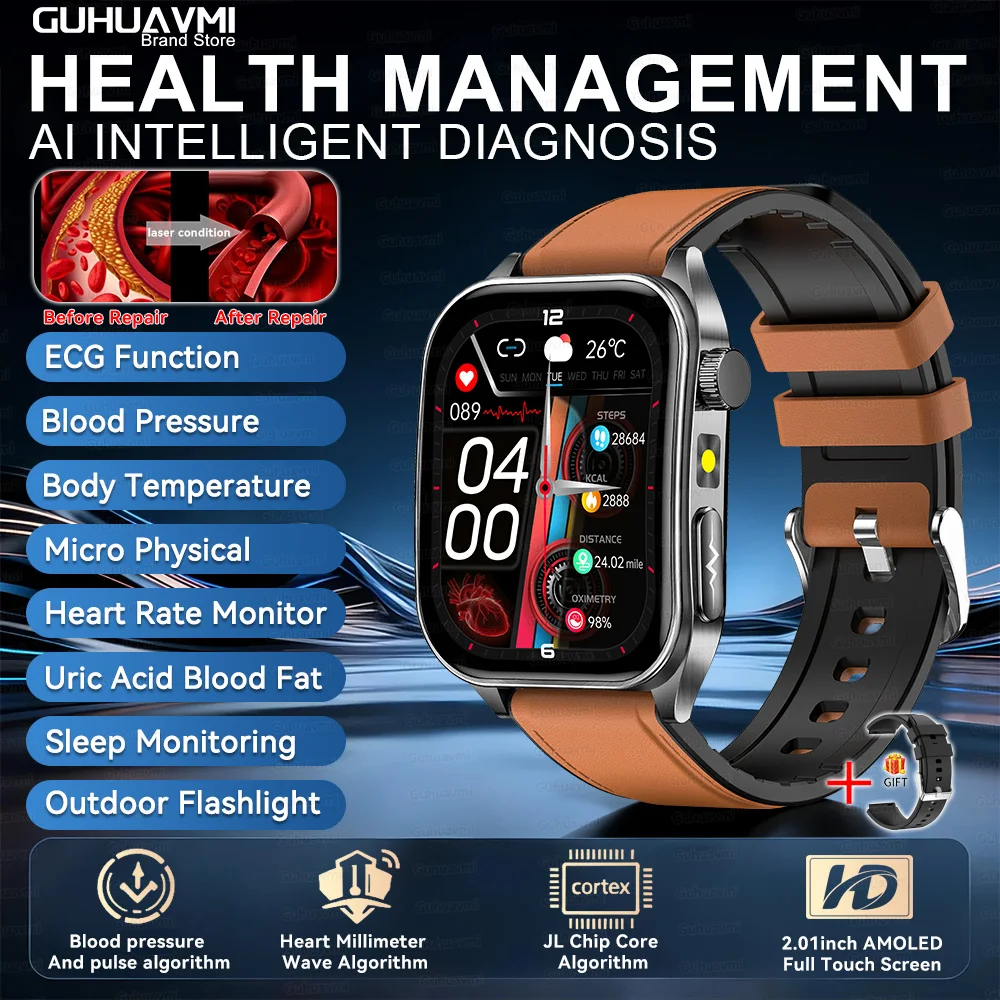 2026Hot AI-GPT Diagnose ECG Gezondheid Smartwatch Bloeddruk Lipiden Urinezuur 650nm Dubbele-probleerlaser Hartanalyse Smartband