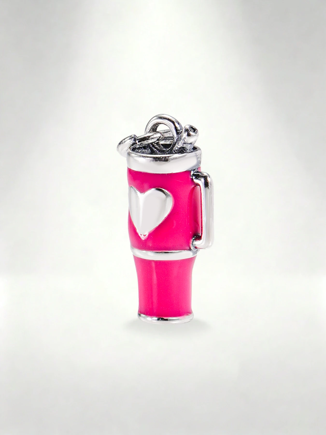 S925 Sterling Silver Pink Enamel Drink Cup Charm - Heart Design Tumbler Pendant for Bracelet