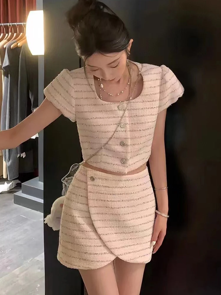 

Korean Fashion Small Fragrance Women Tweed Suits Elegant Short Sleeve Cropped Tops + Asymmetrical Mini Skirt Two Piece Set 2024