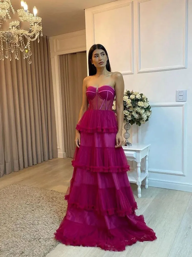 LAYXHS Sexy Sweetheart Formal Evening Dresses Tiered Ruffles Tulle A-Line Prom Dresses Customized فساتين سهرات