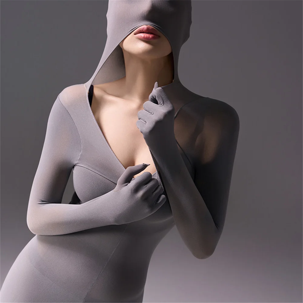 Sexy Women 120D Mask Cover Head Tight Pencil Dress Glove Sleeve Bodycon Micro Mini Dress Elastic Packet Hip Step Dress