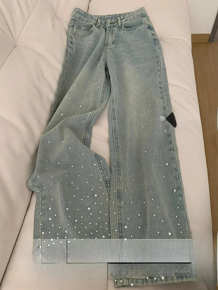 

Джинсы женские ретро, с высокой талией, широкими штанинами, с бриллиантовой отделкой, осенне-зимние, свободного кроя, в пол