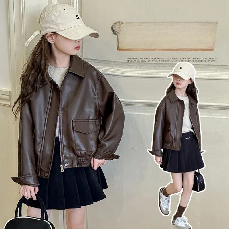 

2025 New Style PU Leather Jacket for Girls Trendy Retro Kids' Fashion Outerwear Big Girl Autumn Winter Clothes