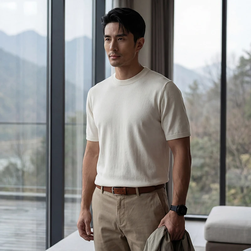 High-End 18-Needle Fine-Knit Men'S Round-Neck Short-Sleeve Summer Cool Mulberry Silk Knitted T-Shirt Casual Business Men'S Top