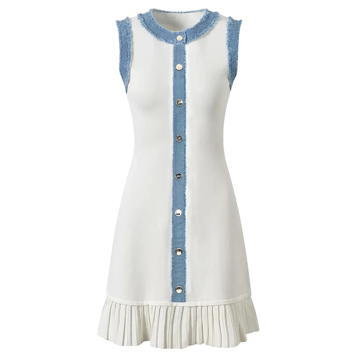 

Summer New Fashionable Temperament Commuting Elegant Sleeveless Round Neck Denim Knit Versatile Slim Fit Short Dress