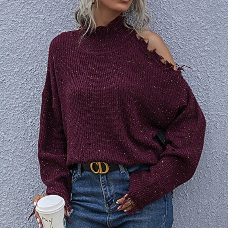 

Women Winter 2024 Off Shoulder Hole Long Sleeve High Collar Pure Color Knit Pullover Sweater Female Autumn Vintage Tassel Tops