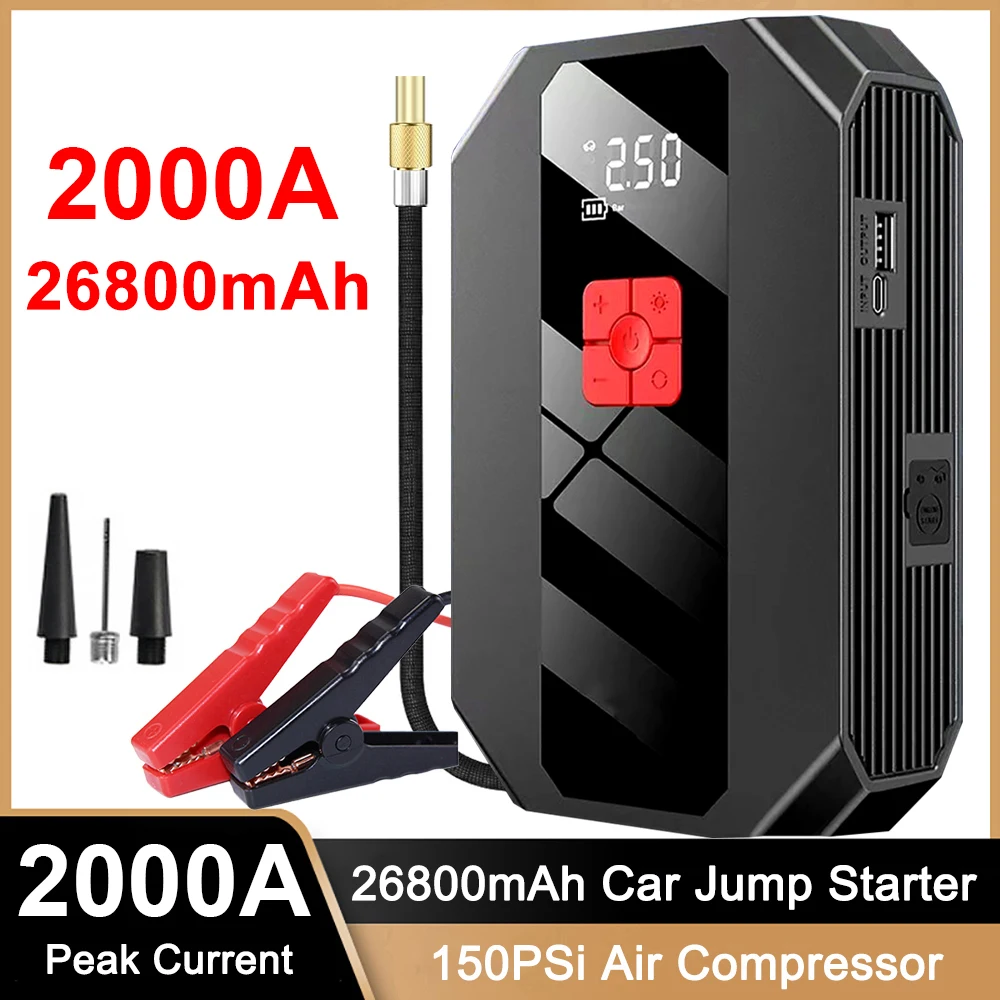 4 In 1 2000A Jump Starter Power Bank 26800mAh 150PSI Air Compressor Tire Pump Portable Charger Car Booster Starting Device