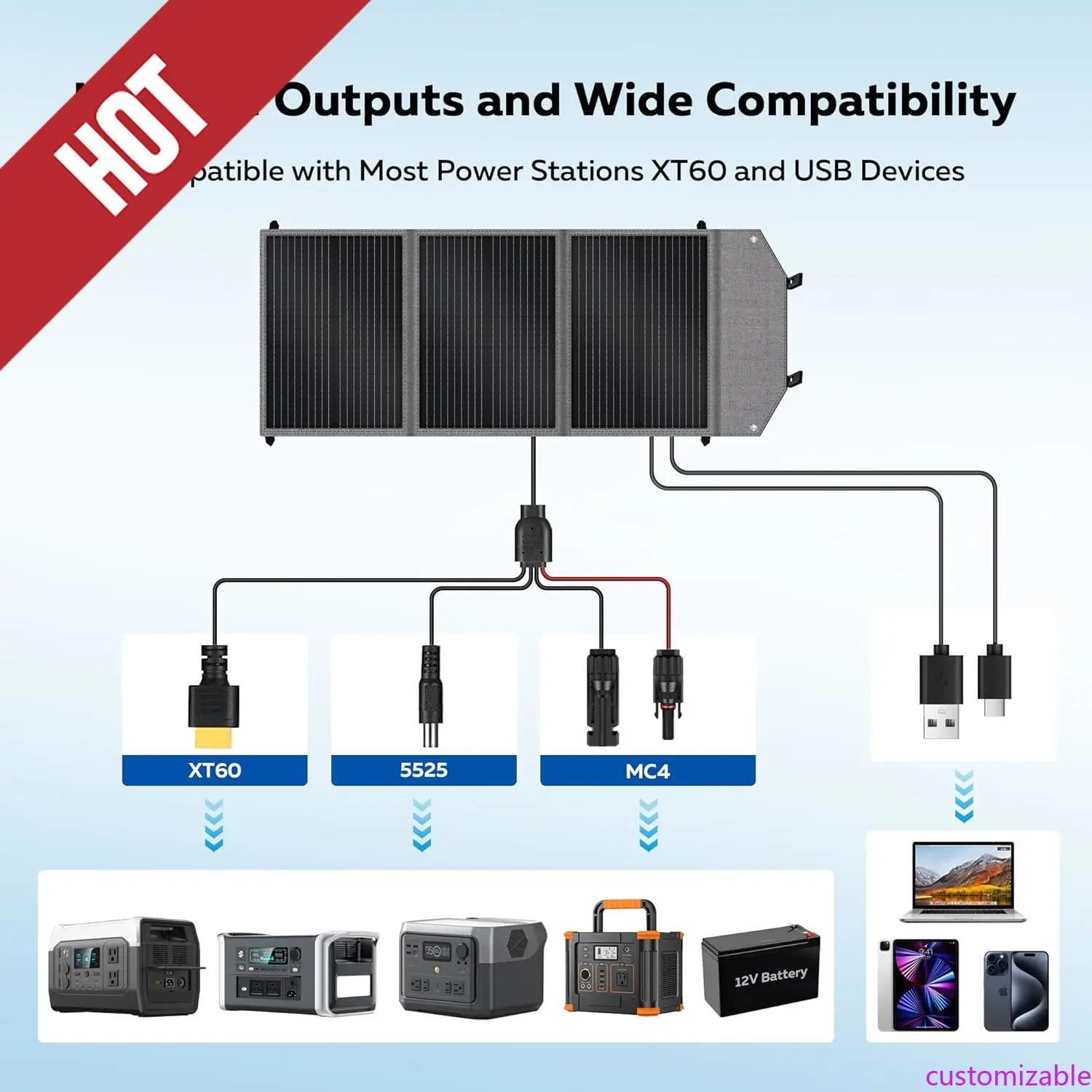 

Настраиваемая портативная солнечная панель мощностью 100 Вт для кемпинга RV Marine - комплект складной солнечной панели с регулируемой подставкой