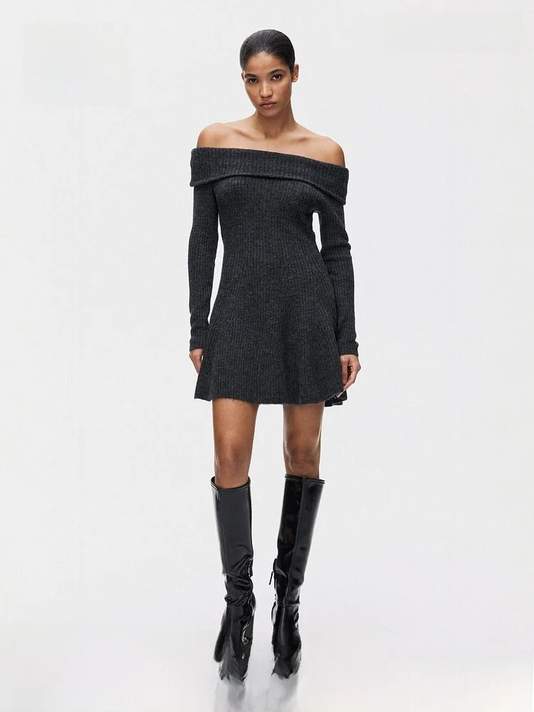 

H&M Winter Women's Ribbed Knit oulder Bared Dr Casual Sle Long Sve Slim Fit Polyester Wool Nylon Blend One oulder...