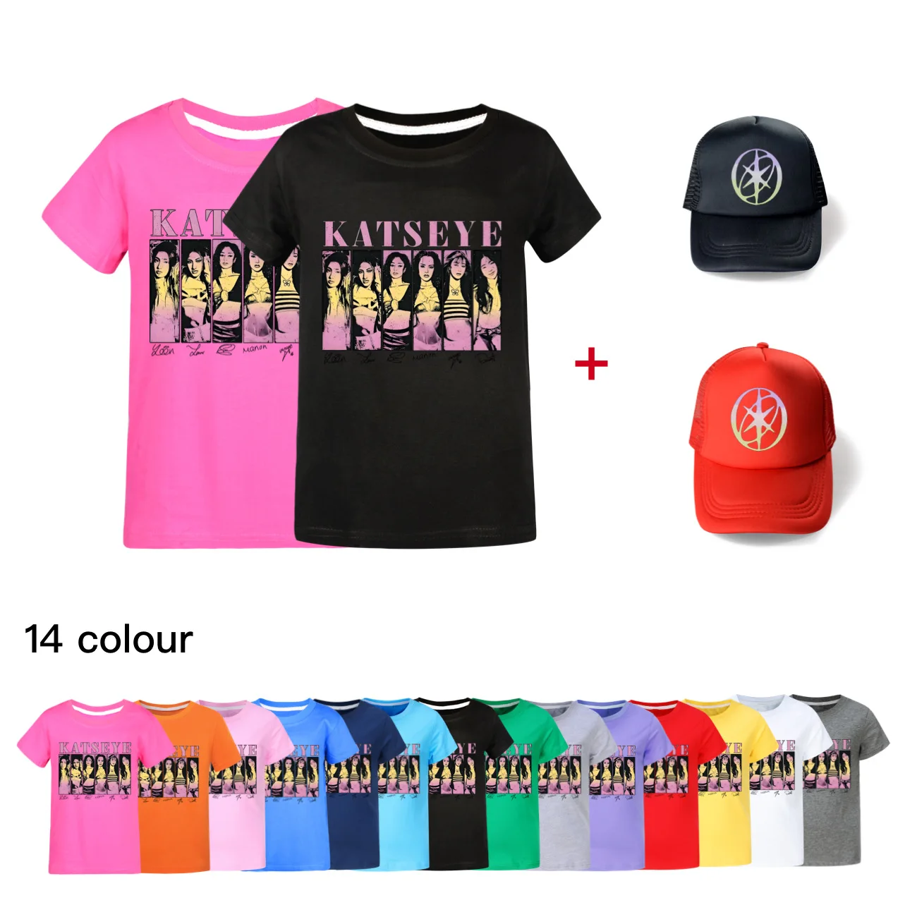 

Новая футболка KATSEYE, детская футболка с героями мультфильмов Kawaii для мальчиков и девочек, детская одежда унисекс с короткими рукавами + шляпа от солнца5304
