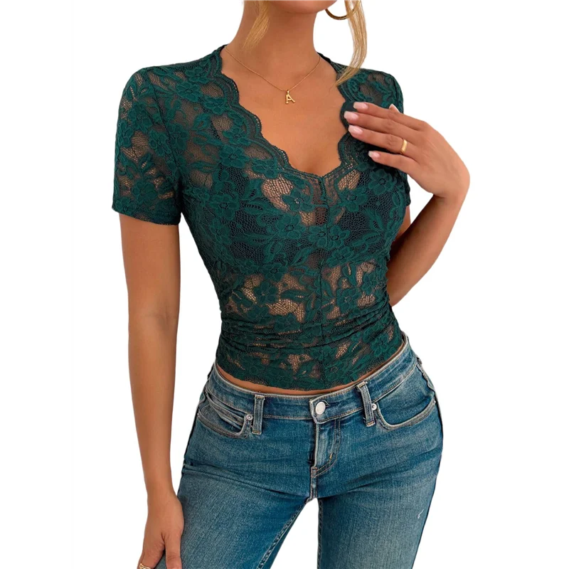 

【SEE】Mesh Top For Women Short Sleeve Crew Neck Fitted Top Solid Floral Lace Tee Shirts V Neck Sheer Blouses
