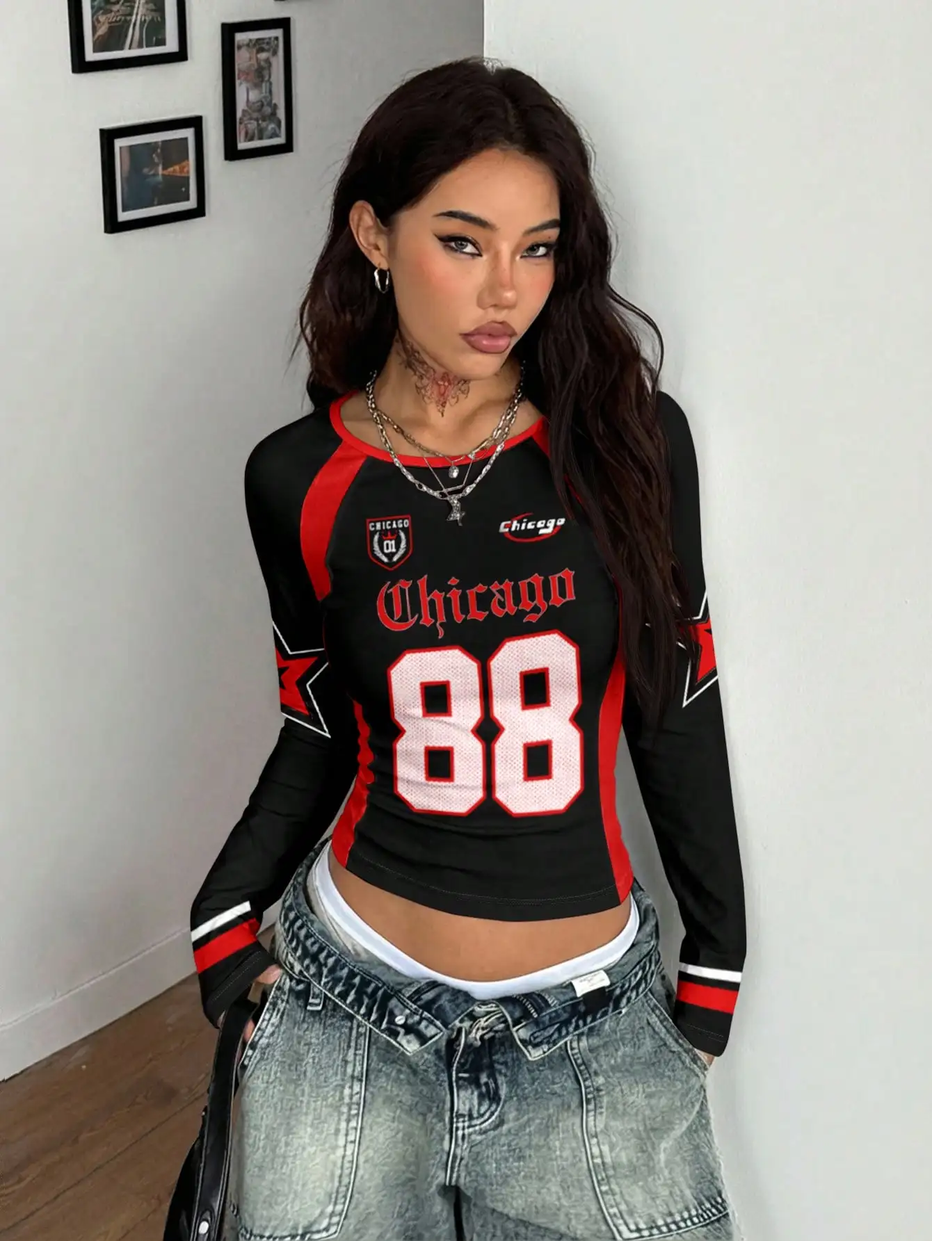 2026 Spring Autumn Personalized Print Long-sleeved Short Trendy Fashion Jersey Women Riding Motorcycle Personalized  T-shirt