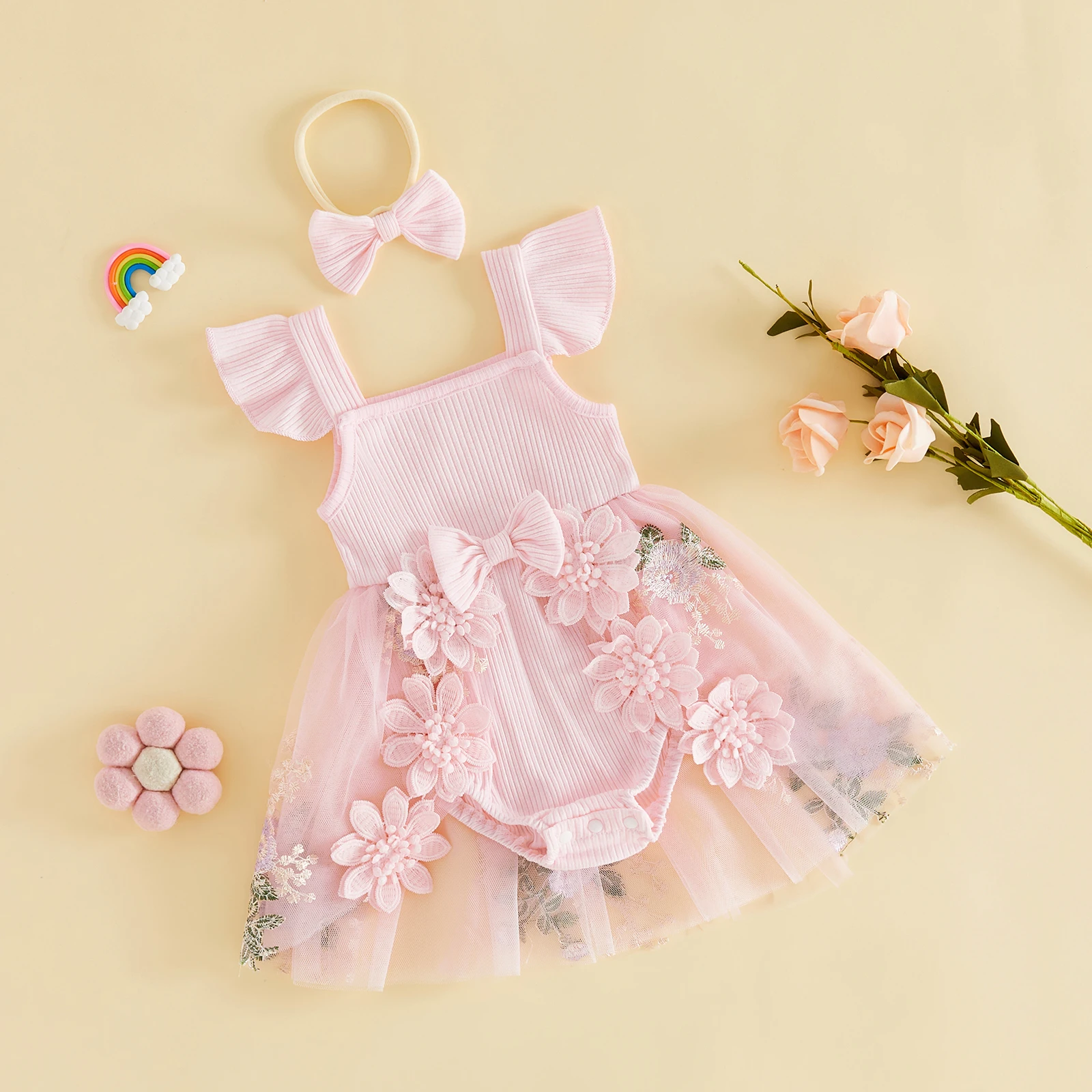 Baby Girls Summer Mesh Lace Romper Dress Flying Sleeve Floral Embroidery Tulle Patchwork Bodysuit with Headband