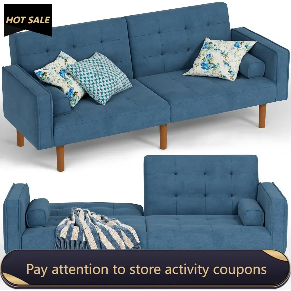 

Futon Sofa Bed Convertible Sectional Sleeper Couch, Splitback Loveseat with Tapered Legs, Small Lounge for Living Room, Sea Blue