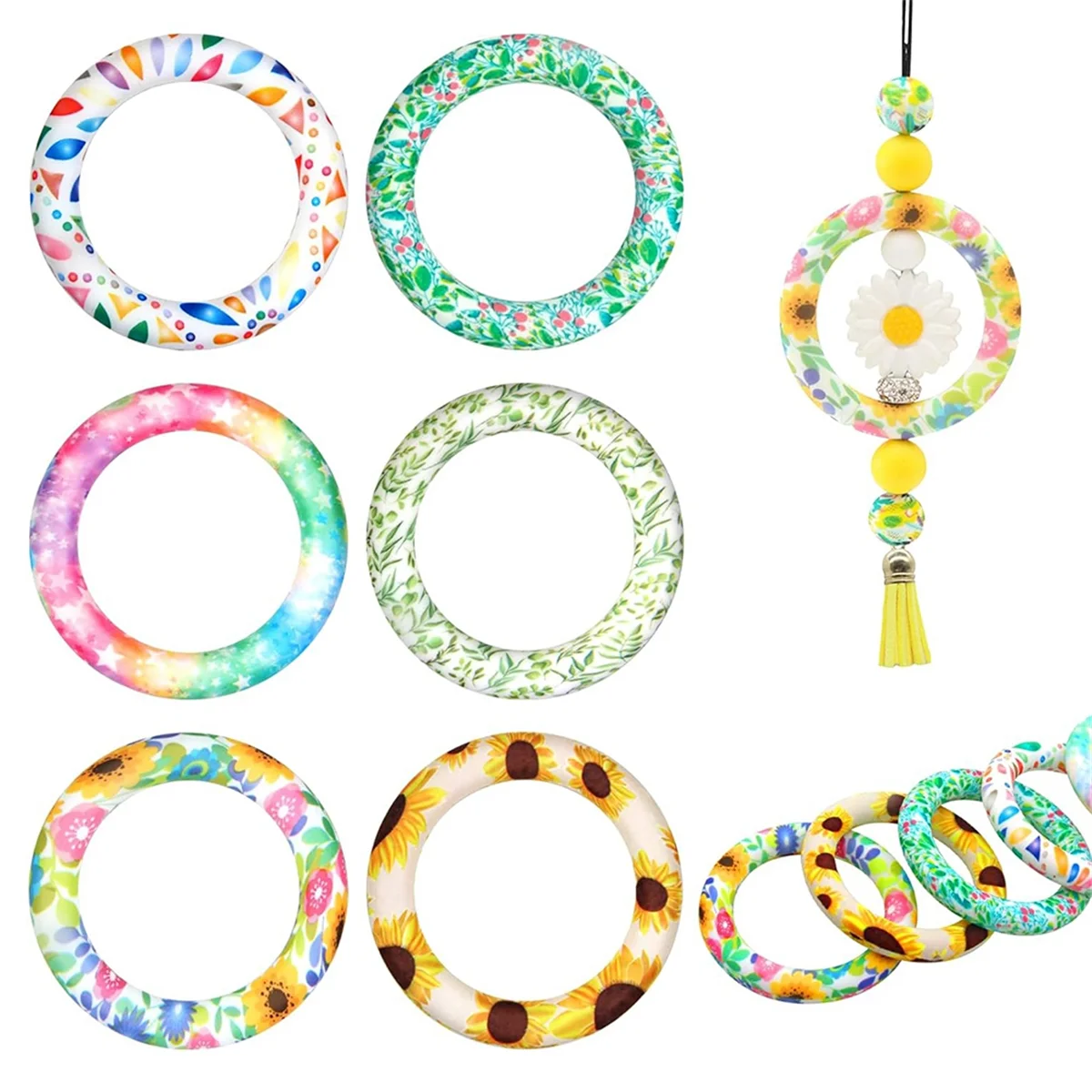 6 Pcs Silicone Beadable O Ring, 65Mm Round Silicone Loop with 2 Hole Frame Silicone Pendant for Diy Keychain