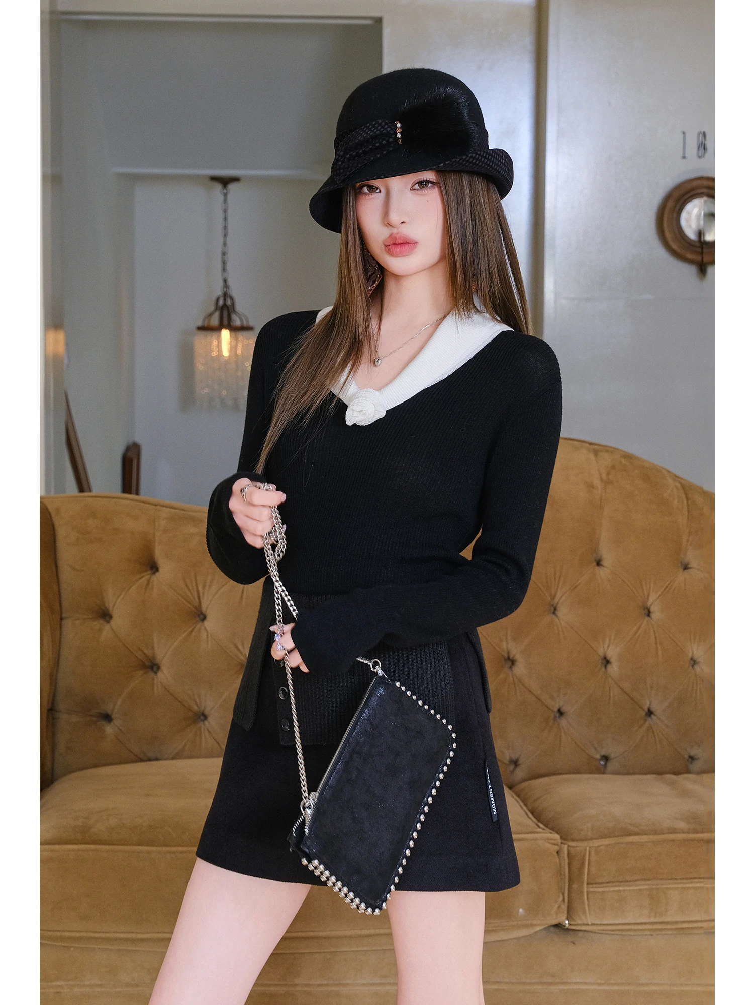 

MIUCO Sweet Knitted Woolen Sweater Women's V-ne Color Blo Slimming Base irt Inner Wear Top French Sle Long Sve