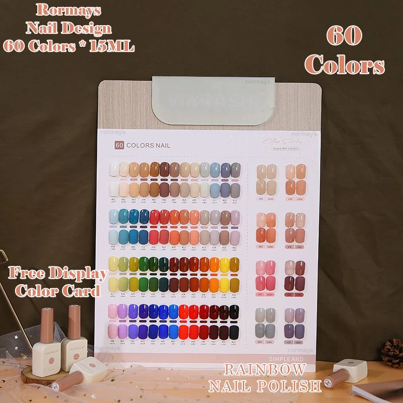 

\Rormays Fashion Rainbow gel Polishing 60PCS Mixed Clearcoat Shining and Durable Soaking UV LED Whitening Nail Primer Salon Art