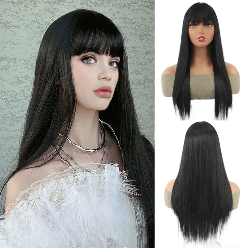 

Long straight hair with bangs wig and synthetic synthetic top cover 60cm