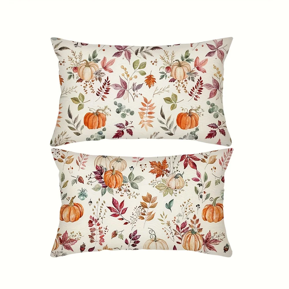 2D FLAT-2pcs Watercolor Fall Pumpkin Botanical Lumbar Pillow Covers Pillowcase sofa cushion cover family bedroom room decoration