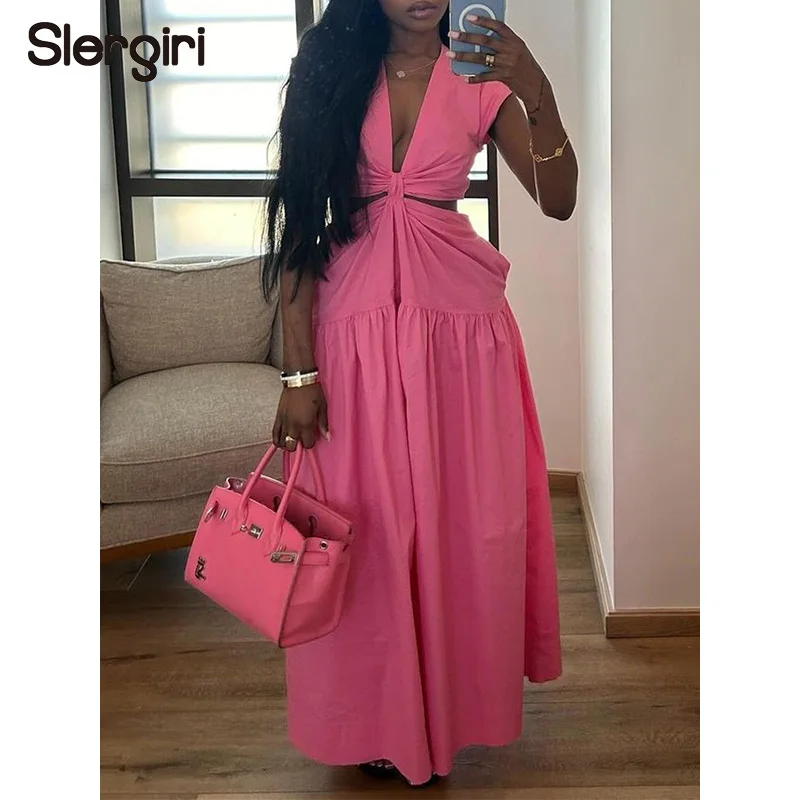 

Slergiri Sexy Deep V-Neck Cutout Sleeveless Dress Women Fashion New 2026 Summer High Waist Vacation Solid Big Swing Long Dress
