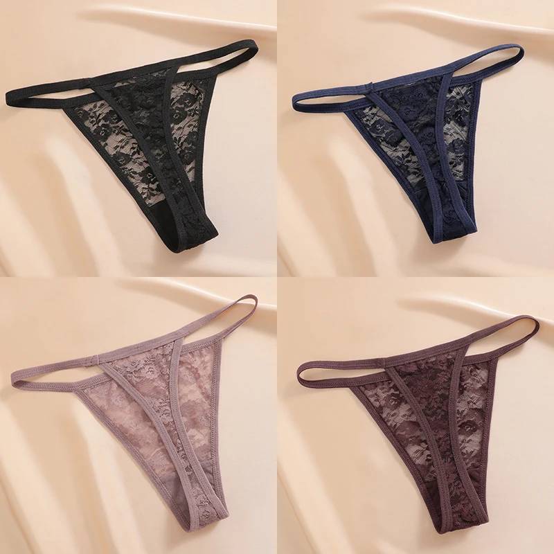 4-teiliges Set Damenunterwäsche Spitzen-Höschen Blumenmuster Lingerie Sexy Tanga G-String Transparente Intimwäsche