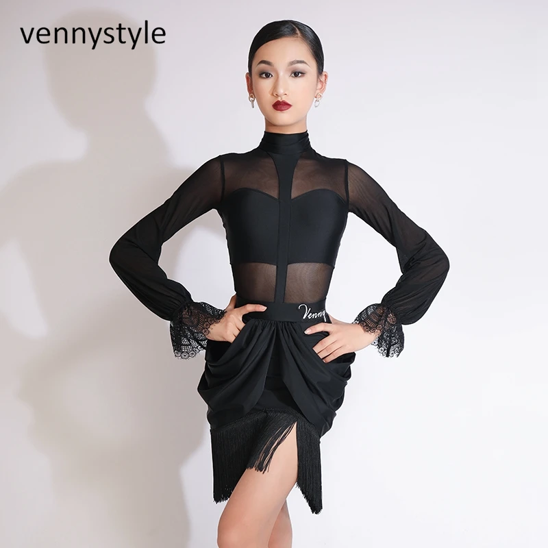 Venny 2023 Hot Sale Girls Latin Competition Costume Salsa Tango Rumba Dance Skirt Tassels Skirts Latin Dance Performance Clothes