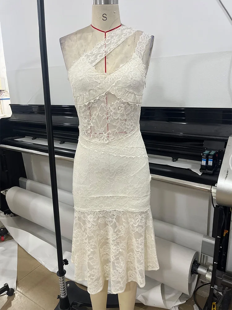 Sexy Womens Spring Autumn One-shoulder Slim Lace Spliced Midi Dress Sleeveless Backless Ruched Elegant Evening Birthday Gowns