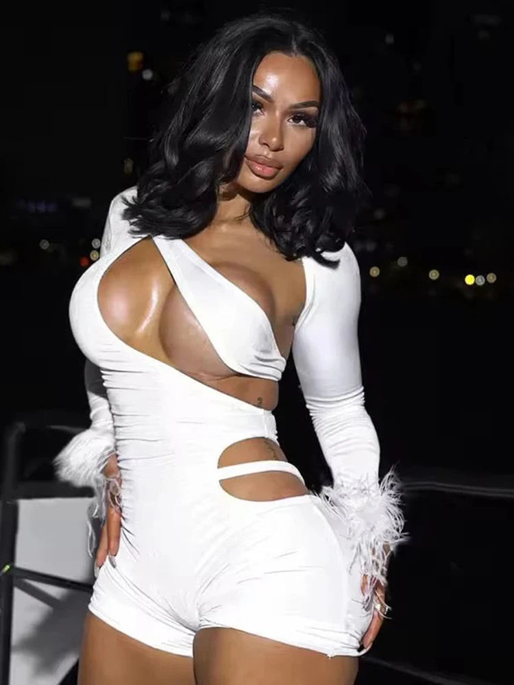 

Weird Puss Midnight Romper Women Irregular Hollow Feather Patchwork Backless Hipster Sexy Hottie Stretch Skinny Street Clubwear