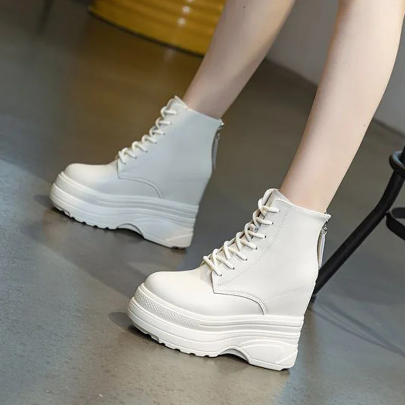 Fujin 11cm Microfiber Leather Durable Ankle Boots Wedge Spring Women Motorcycle Autumn Cushioned Platform Shoes