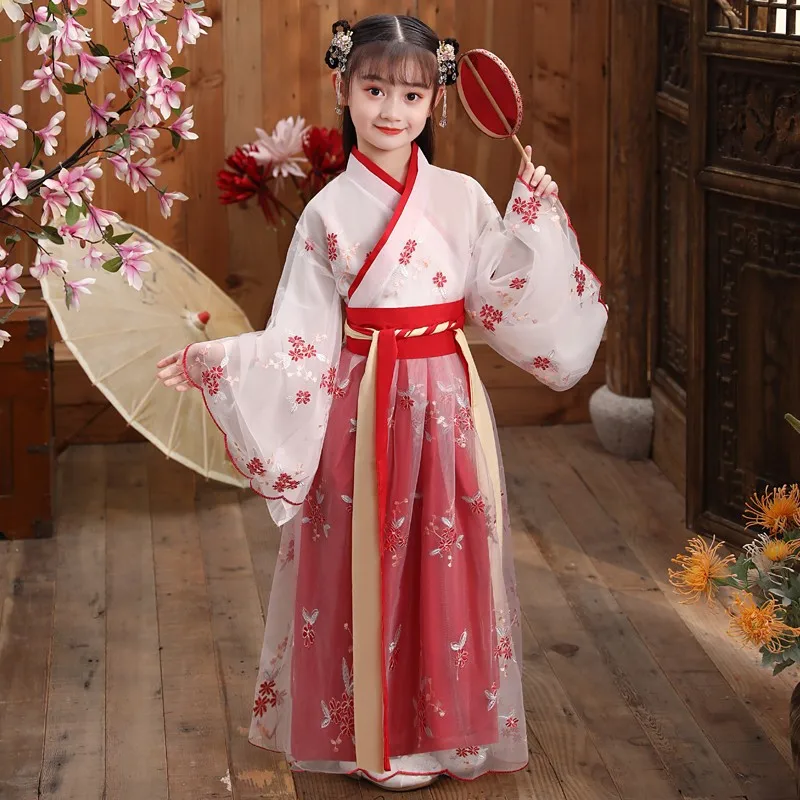 

New Hanfu Girls Spring And Autumn Children's Costume Dress 3-12 Years Old Girl Cherry Blossom Princess Dress Chinese Style Child