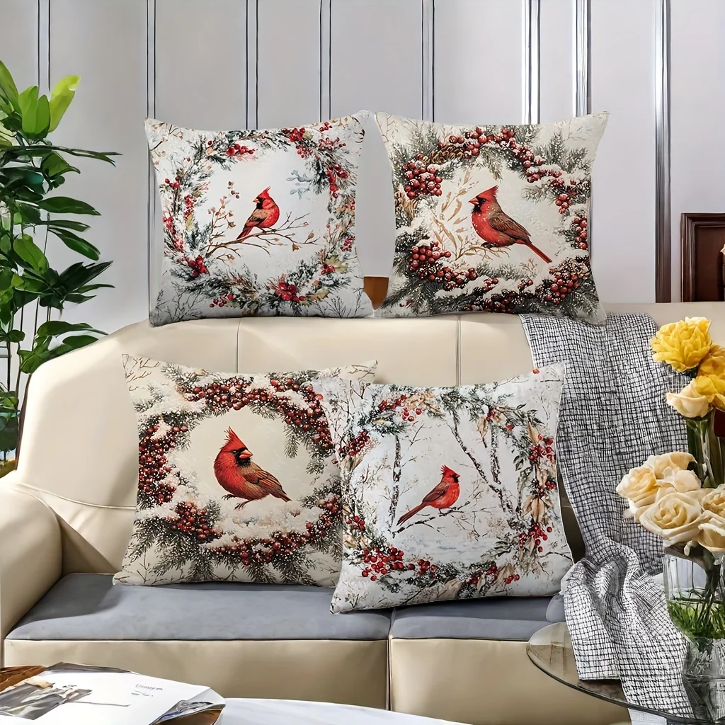 Four-Piece Set of Festive Winter Bird and Berry Wreath Throw Pillow Covers for Seasonal Home Decor