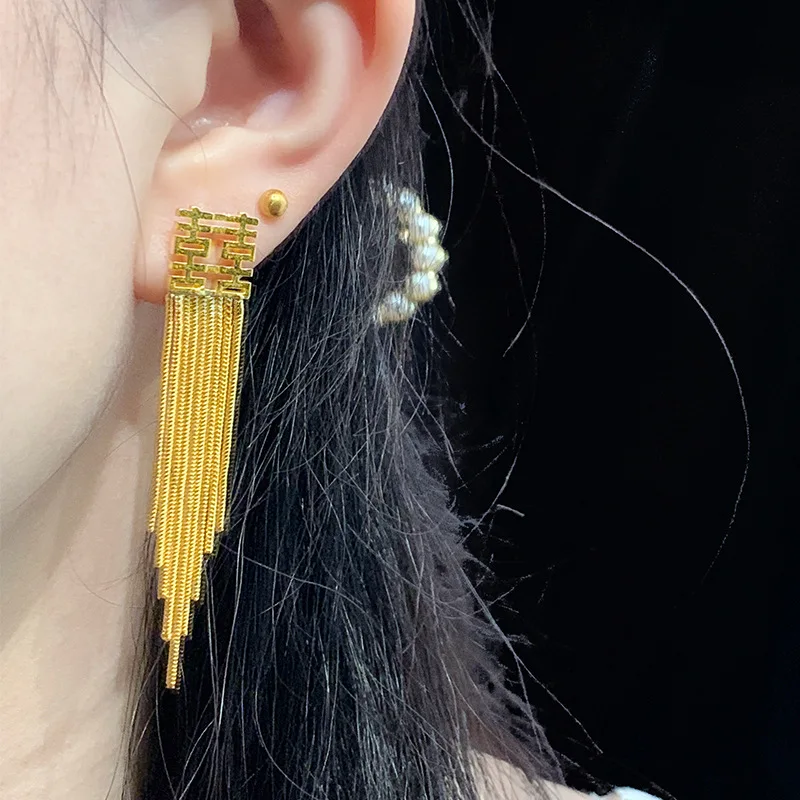 9999 gold double auspicious character long-stemmed fringed earrings - a retro and niche design for wedding earrings