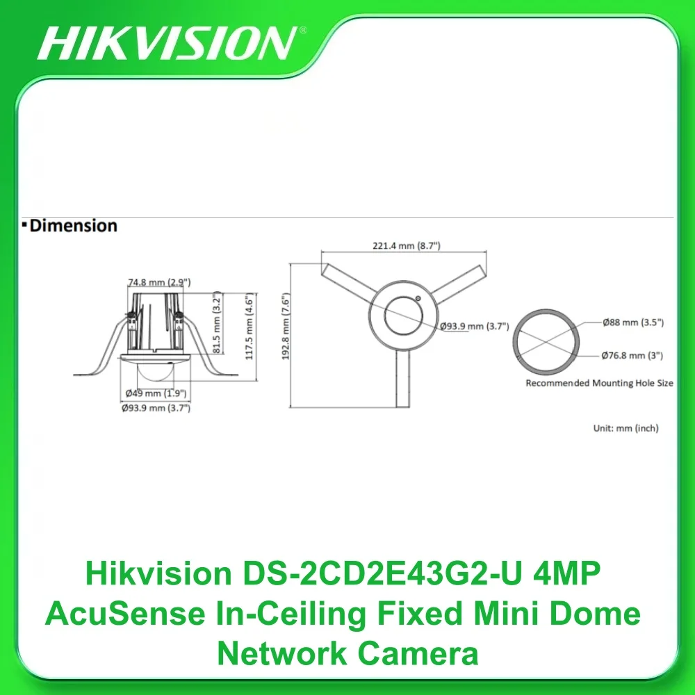 Hikvision DS-2CD2E43G2-U 4MP AcuSense In-Ceiling Fixed Mini Dome Network Camera H.265+ Built-in Microphone Memory Card Slot