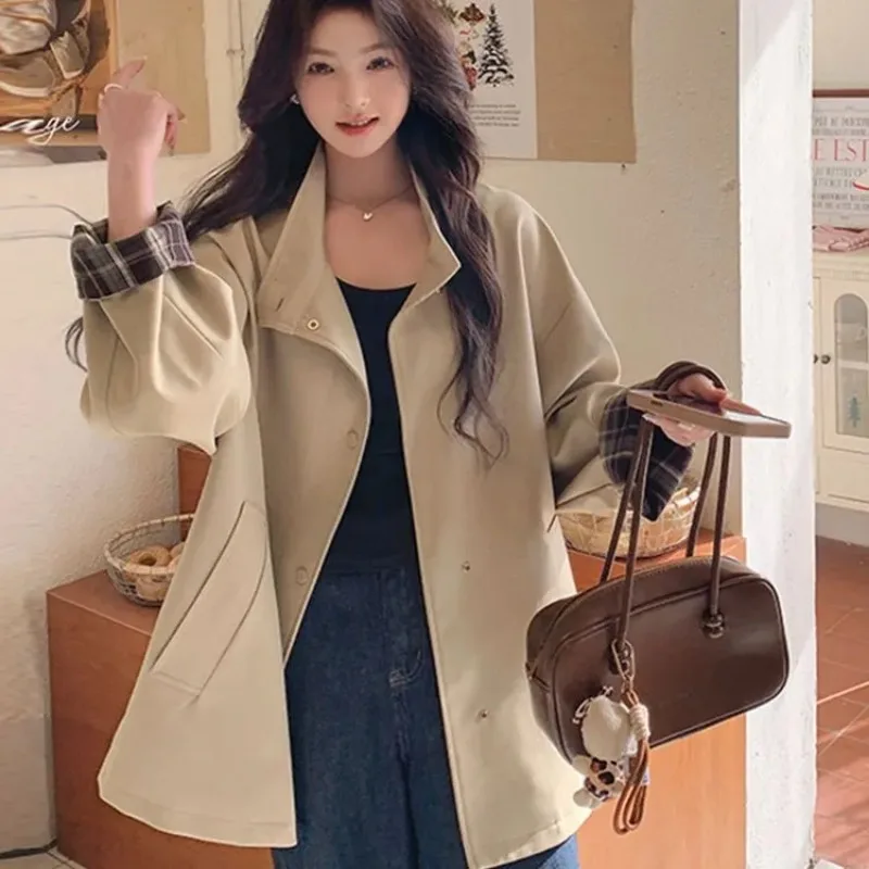 Women's Contrast Collar Loose Mid-length Trench Coat Casual Elegant Windbreaker