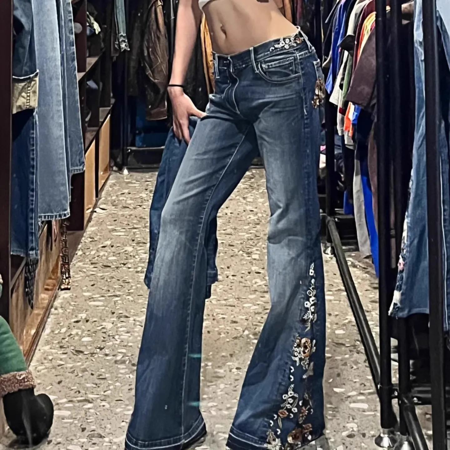 

Джинсы с цветочной вышивкой, винтажные расклешенные джинсы с низкой посадкой 2000-х годов, женские мешковатые джинсовые брюки в стиле ретро y2k, базовые брюки High Street