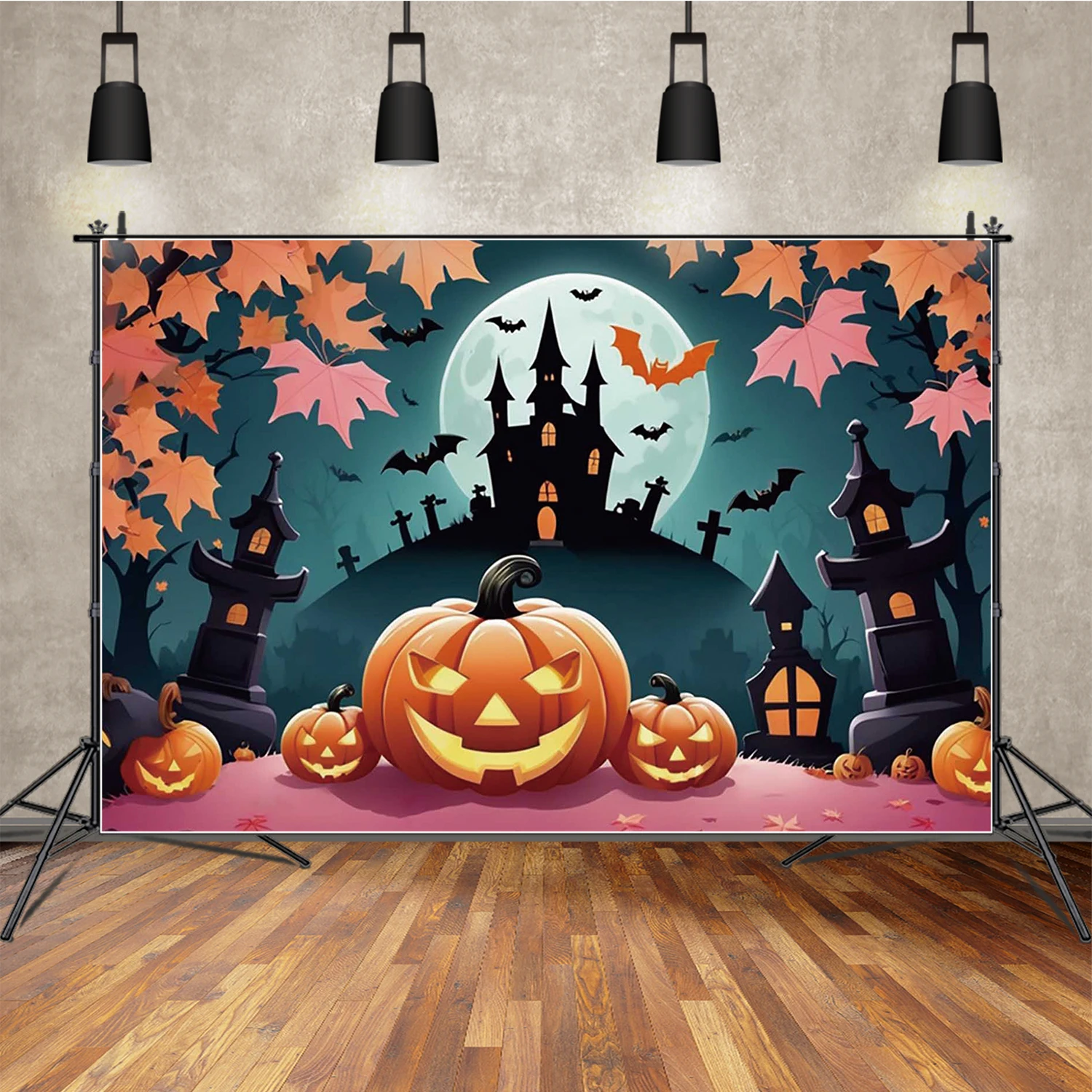 

MOON.QG Maple Halloween Backgrounds Poster Castle Night Pumpkin Lantern Backdrop Photography Accessories Wallpaper Photo Studio