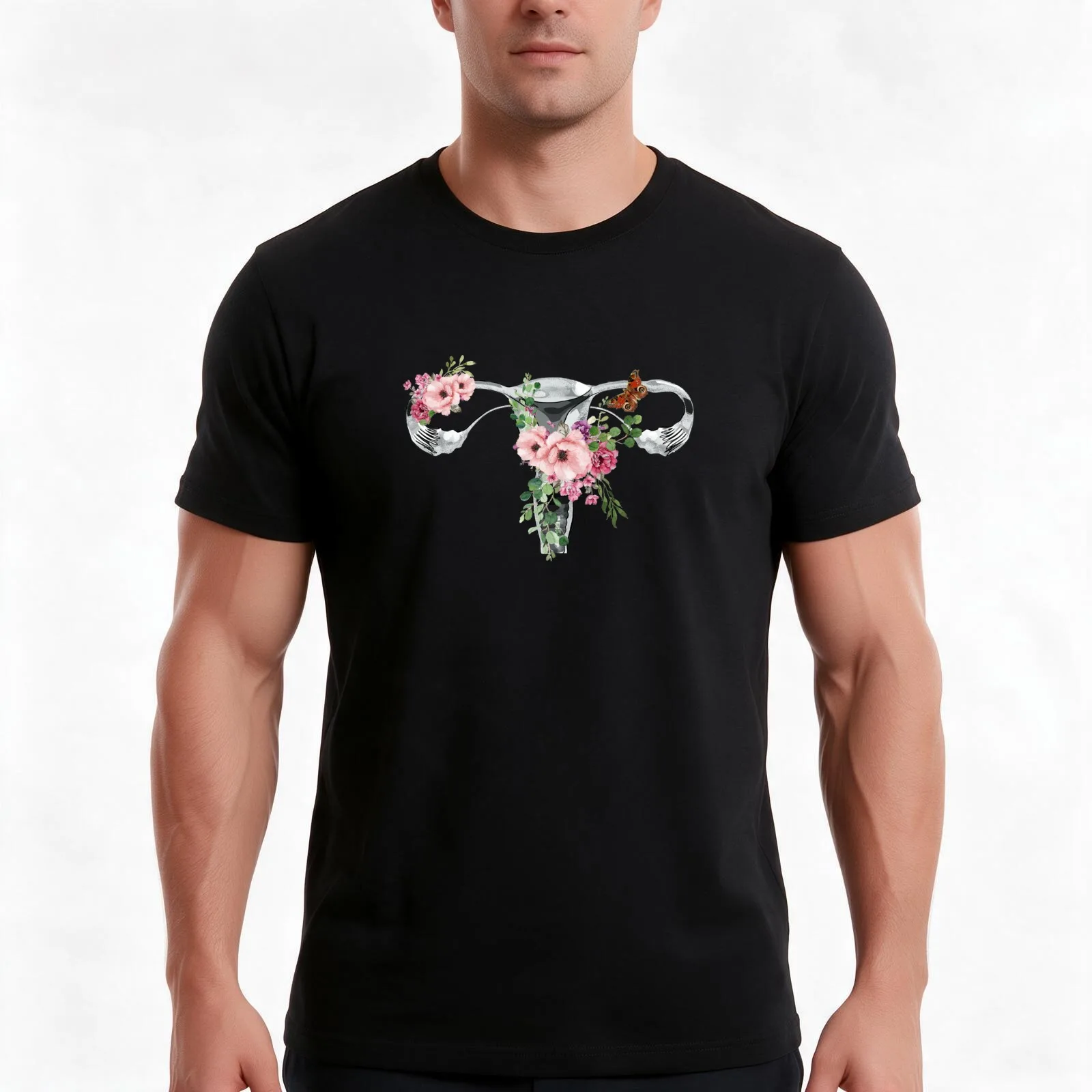 Uterus Pro choice Feminist pink flower T-Shirt, Summer Casual Cotton Tee, Oversized Streetwear Tops, Vintage Graphic Print